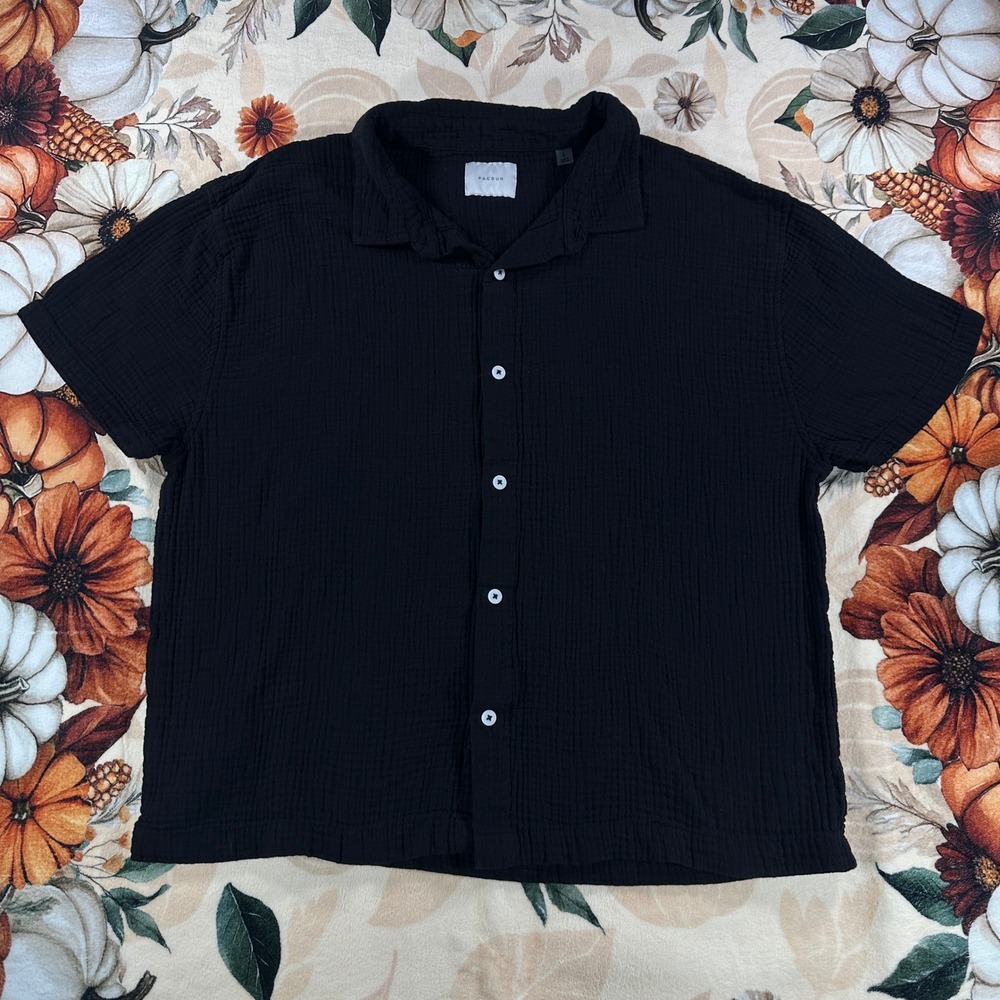 PacSun Mens Black Textured Gauze Camp Collar Short Sleeve Button Up Size Large